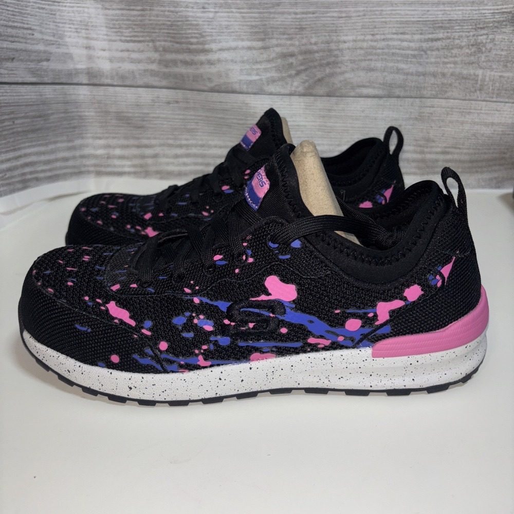 Women 7.5 Skechers Comp Toe Black‎ Purple Splatter Paint Work Shoe Memory Foam - Picture 5 of 10